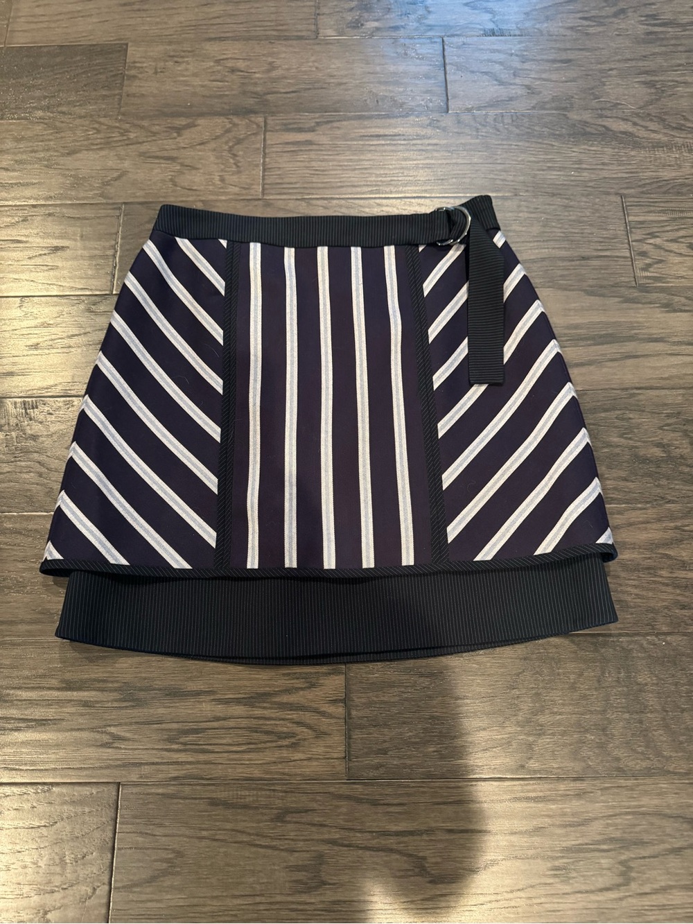 BCBGMaxAzria Navy and White Striped Mini Skirt with Belt Detail